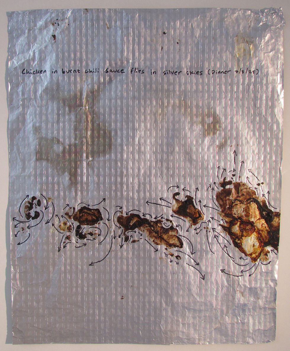 Chicken in burnt chili sauce flies in silver skies