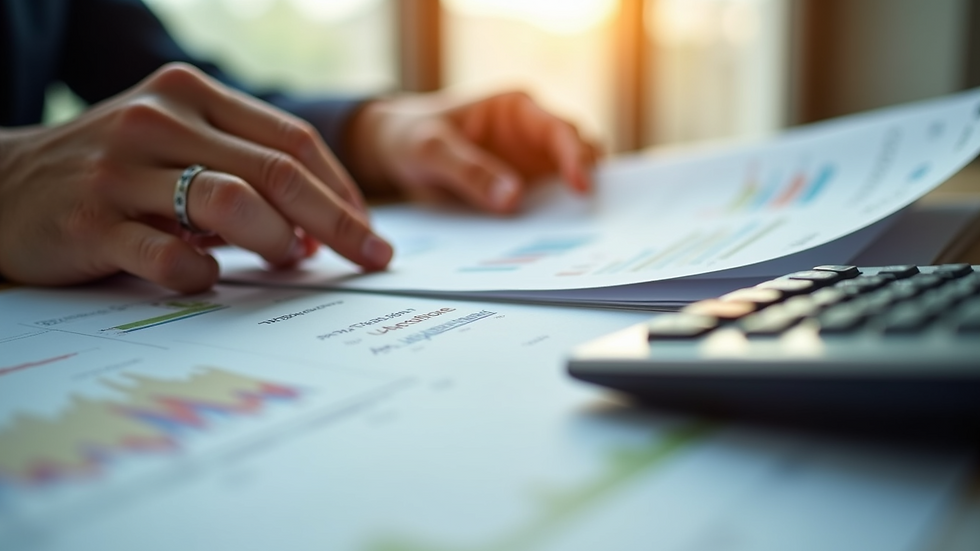 Close-up view of hands holding financial documents and a calculator
