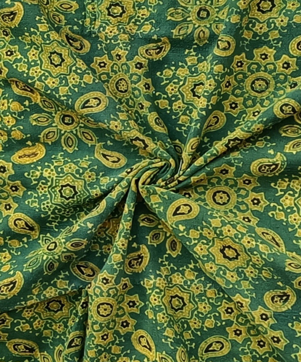 Thumbnail: 2.5m Green ajrakh print handspun handwoven cotton kurta fabric