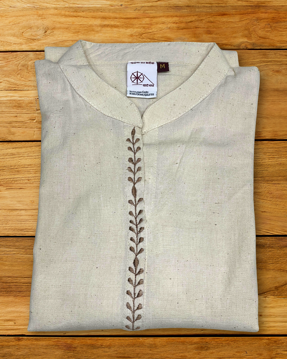 Thumbnail: Flat lay of off white khadi kurta showing block-printed floral front placket design