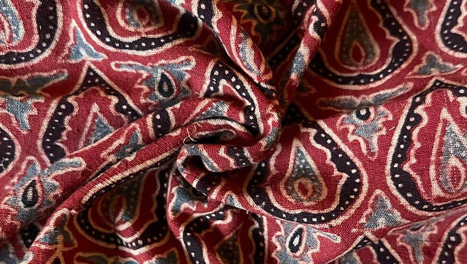 2.5m Red Black Blue Khadi Cotton Ajrakh Print Fabric