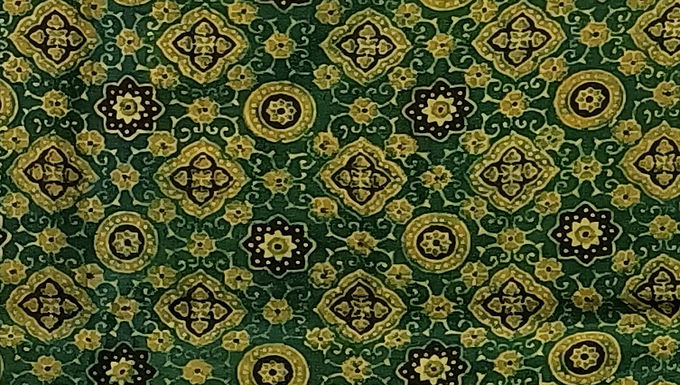 2.5m Green yellow ajrakh print hand spun handloom cotton kurta fabric