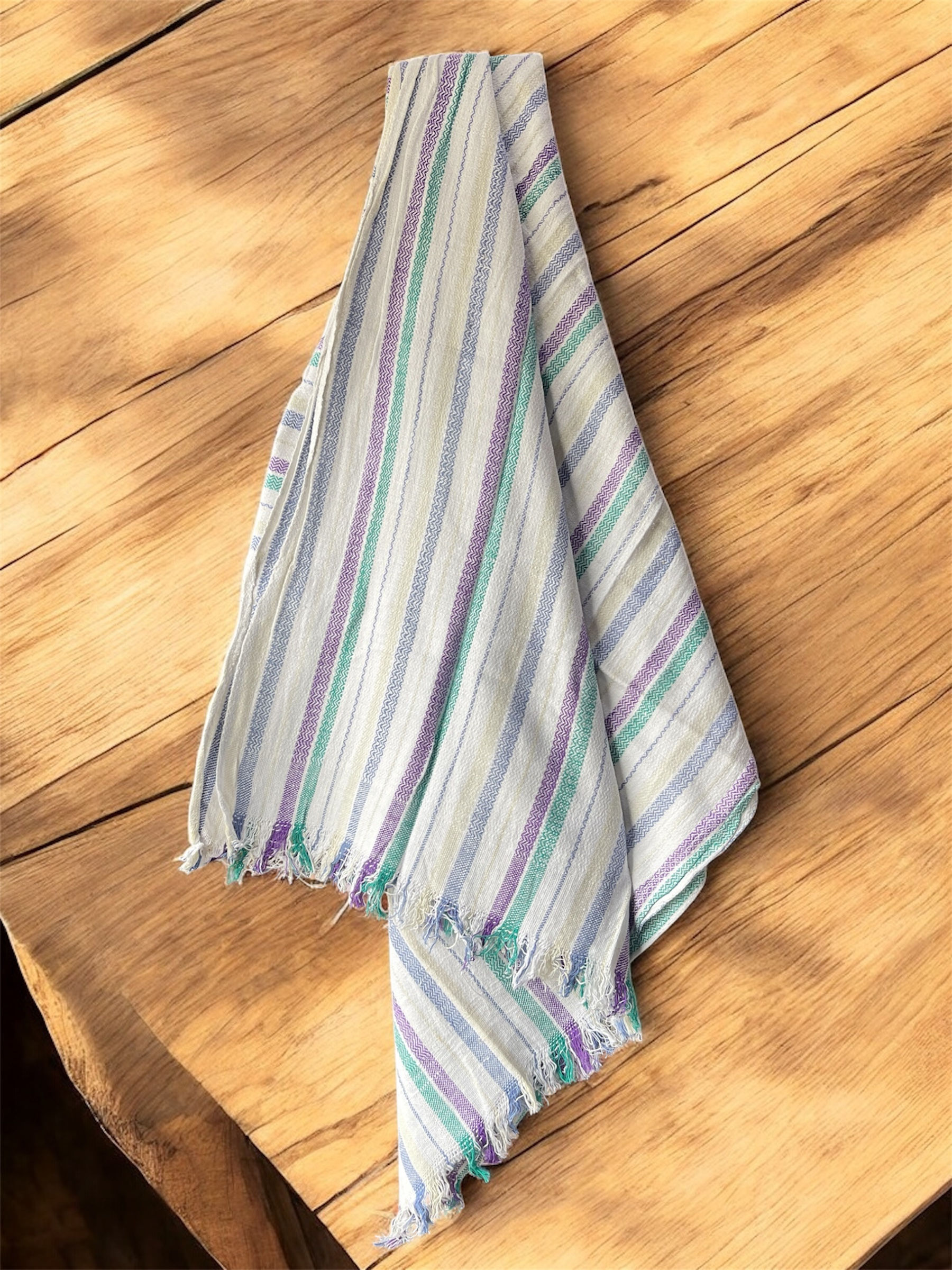 White Multicolor Stripe Handspun Handwoven Cotton Bath Towel Mount on wall