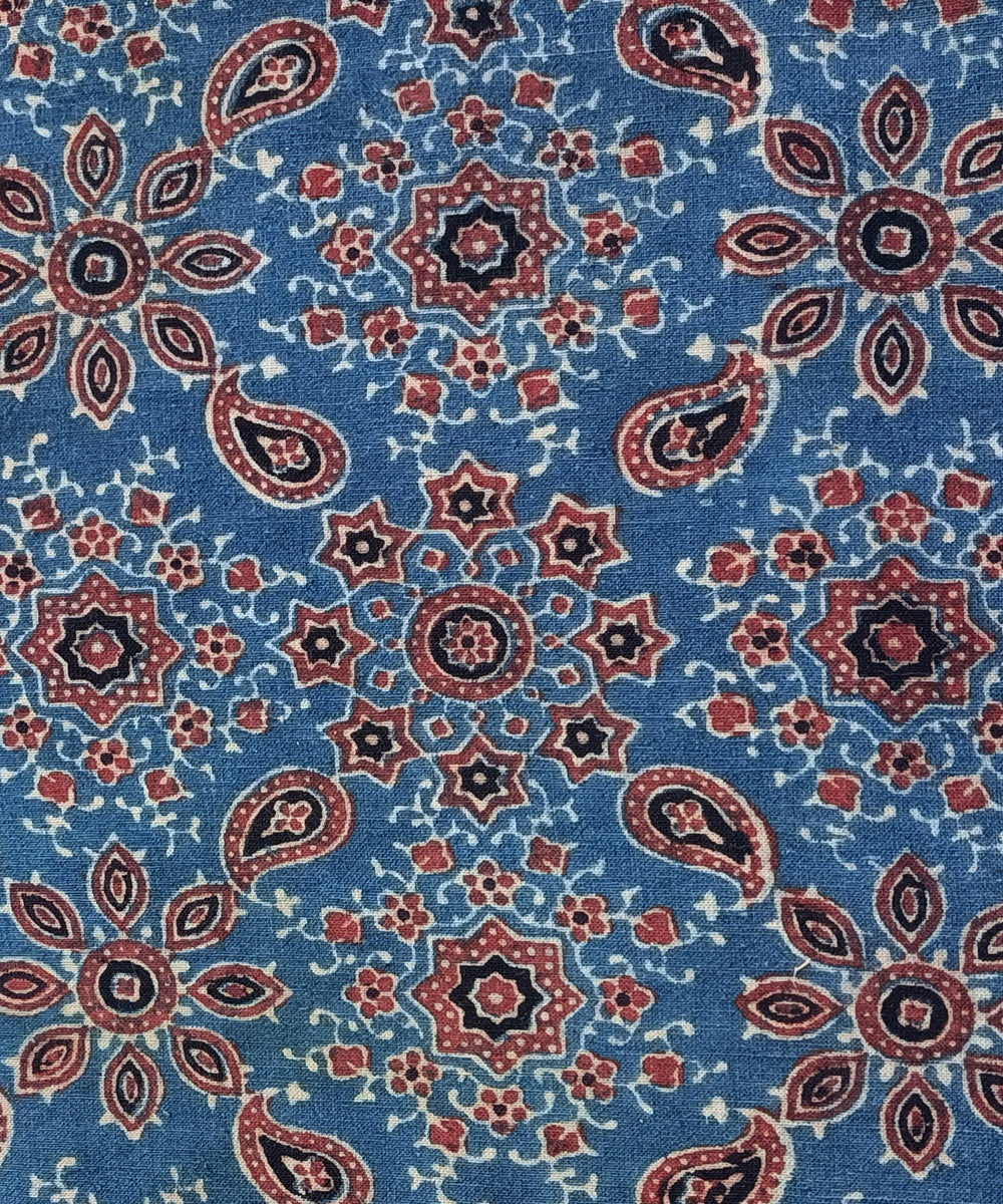 2.5m Indigo red ajrakh print handspun hand woven cotton kurta fabric