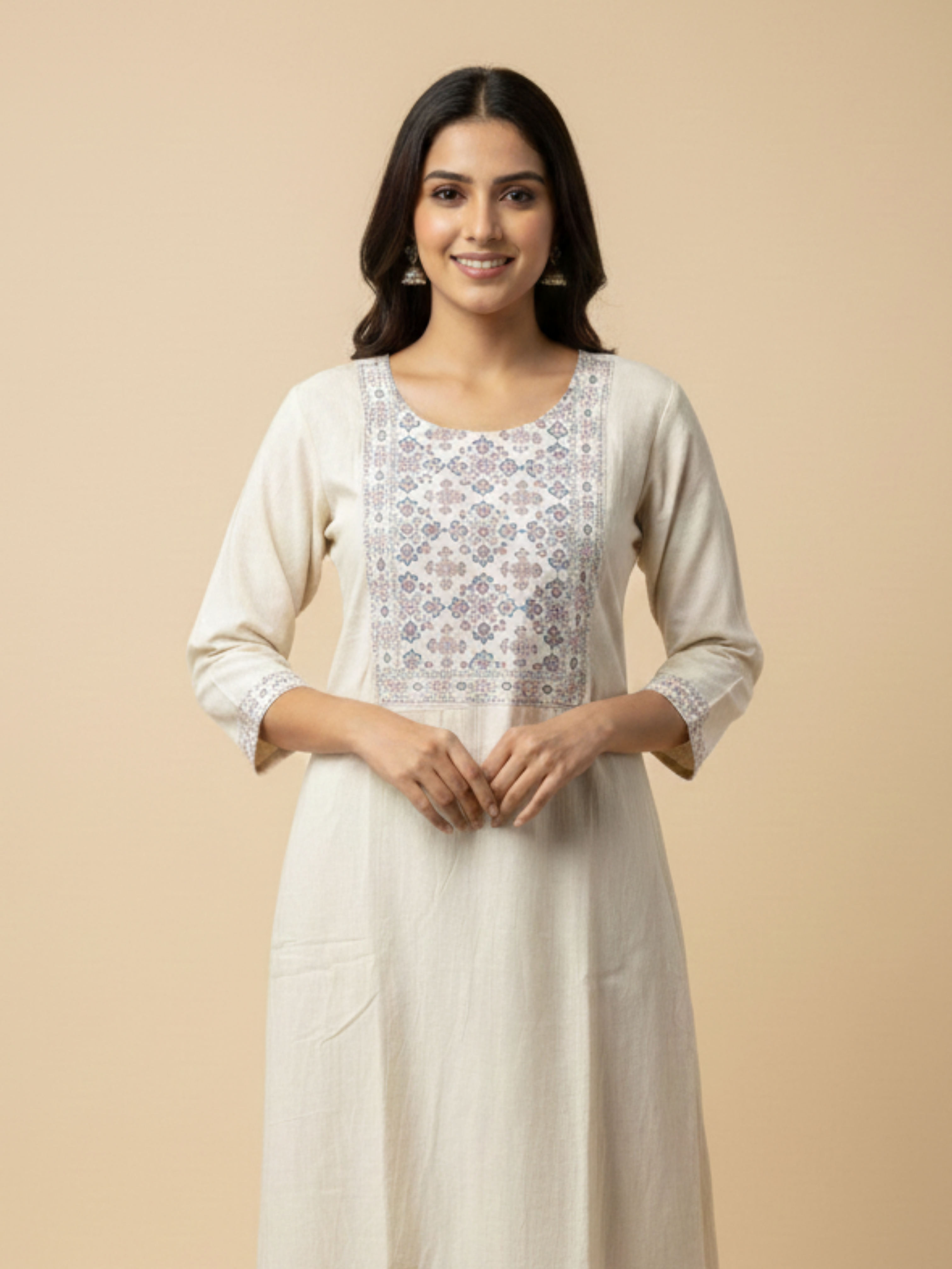 Hand Embroidered Neck Design Khadi Kurta for Women