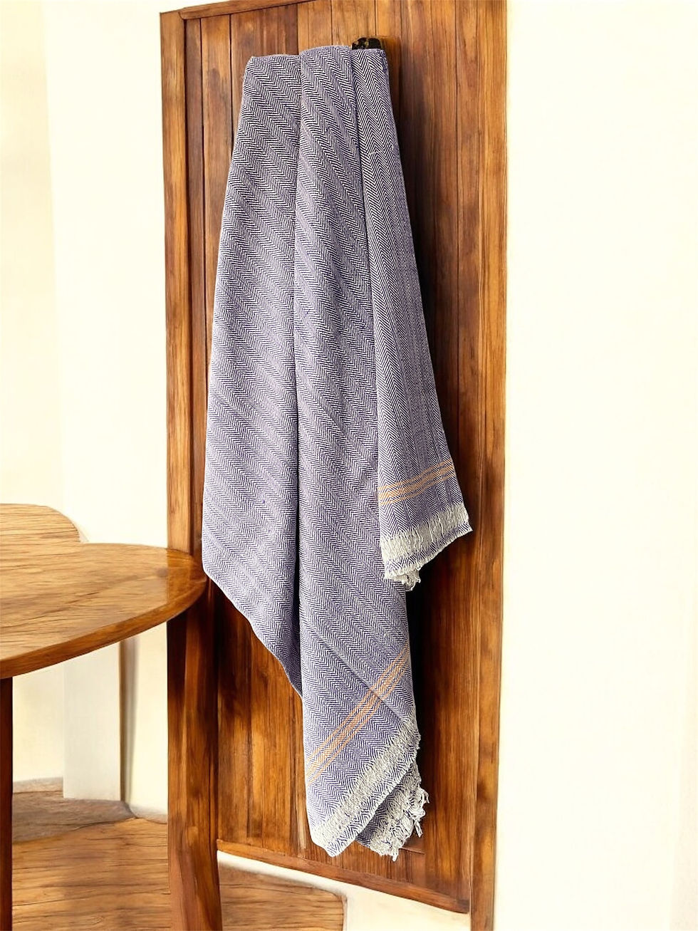Violet White Handspun Handwoven Khadi Bath Towel Holding on wall