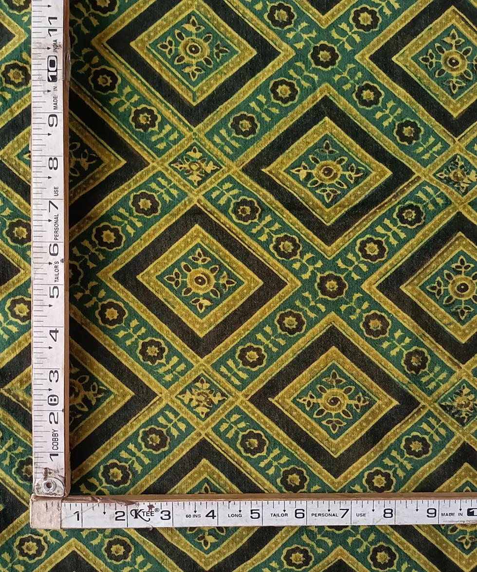 Thumbnail: 2.5m Green Yellow print handspun handwoven Khadi Cotton Fabric