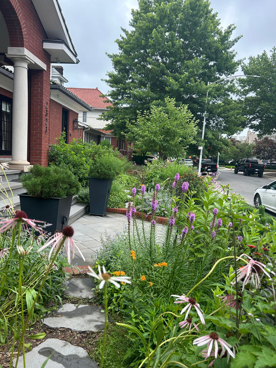 Colorful garden walkway next to a house with flowers; christygardens