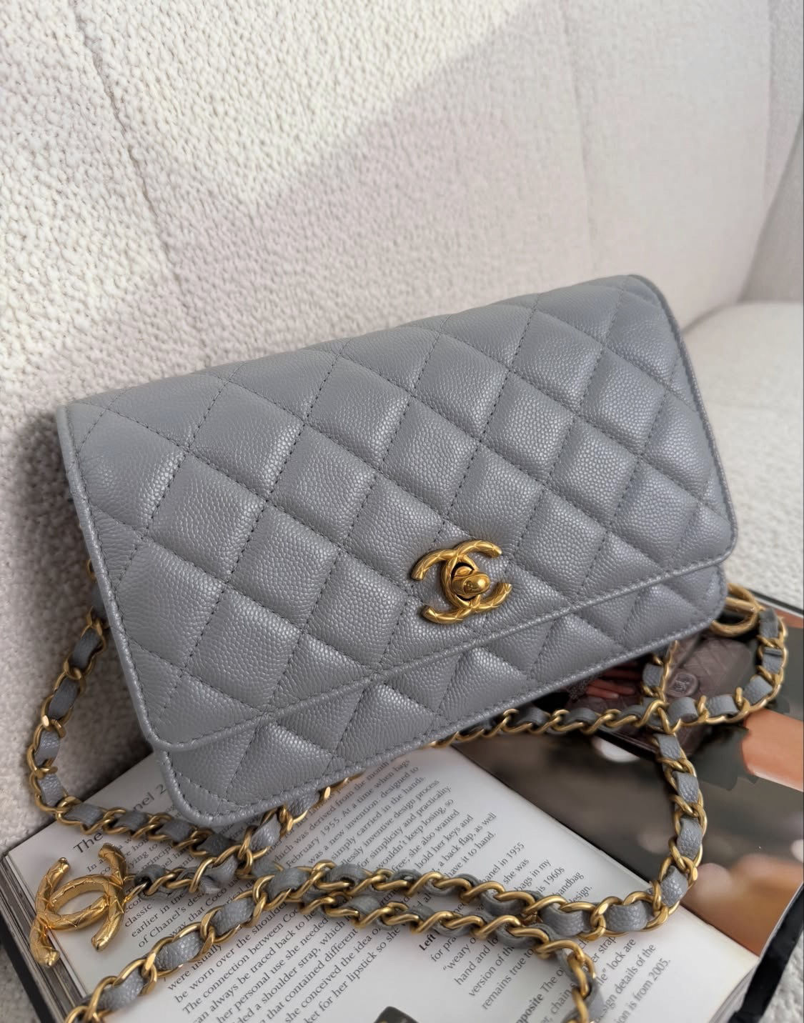 Chanel Pearly Grey Caviar Classic Wallet On Chain GHW (2023)