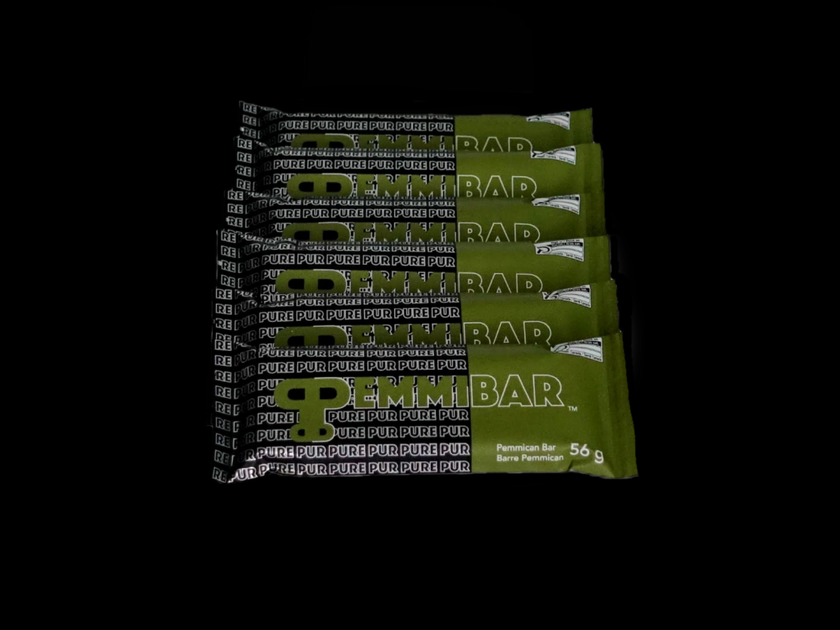 Six Pemmibar Pure bars arranged in a stacked front-facing layout on a dark background.
