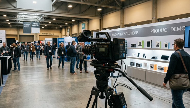 Wide-angle view of a video camera facing a product display in a convention hall