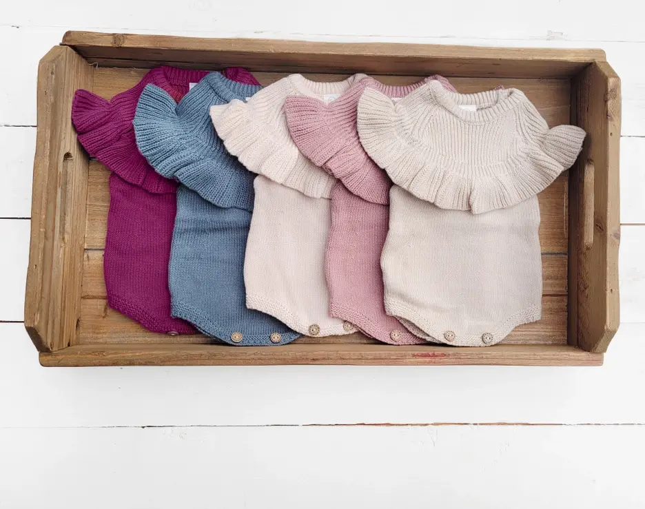 Thumbnail: Dusty Pink Ruffle Knitted 100% Cotton Romper