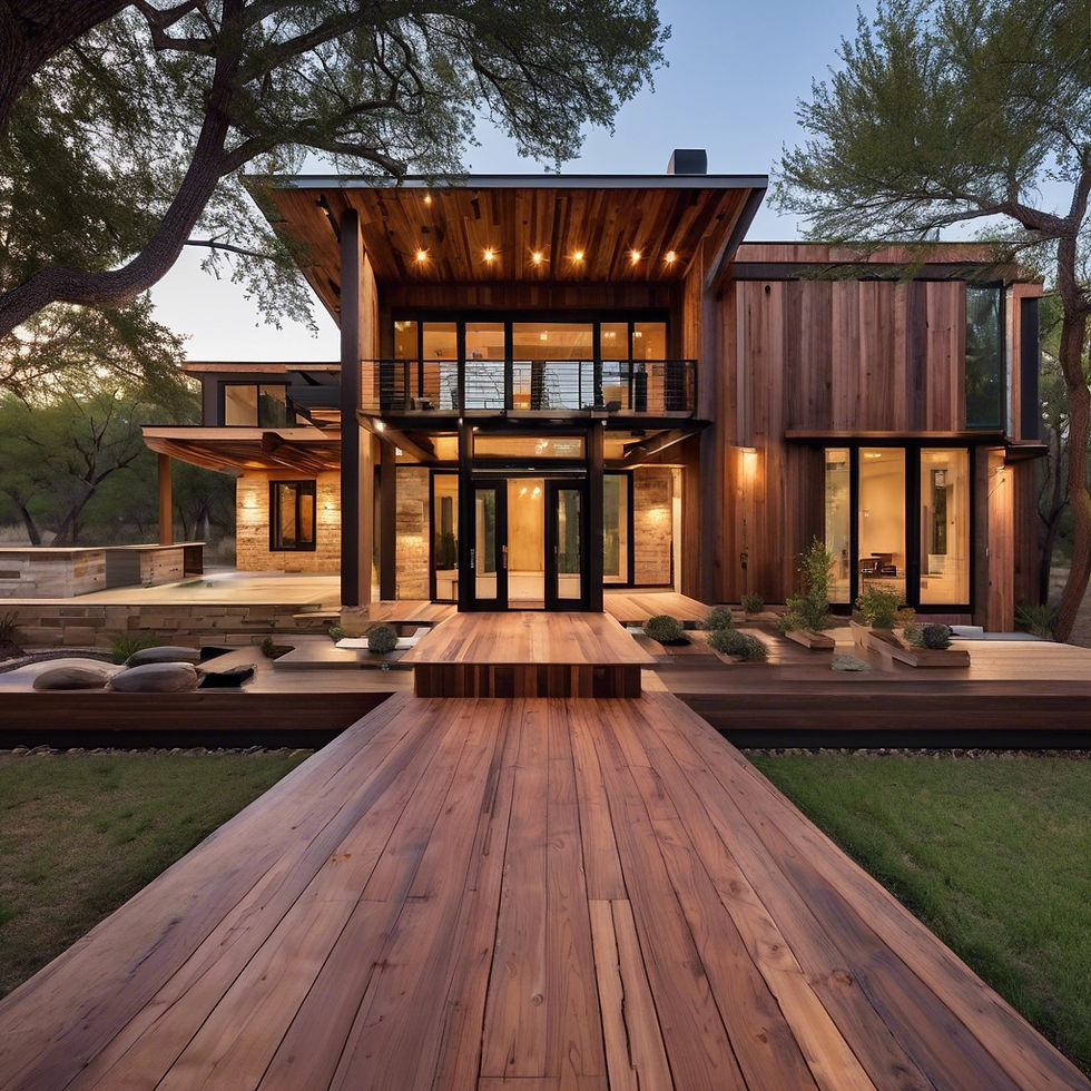 A modern, two-story home with extensive use of wood and glass, beautifully lit in the evening.