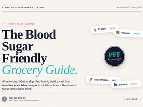 Blood sugar friendly grocery guide for midlife women PFF eating order protein first fiber fat carbs last what to buy what to skip insulin resistance Amy Alford RN The Glucose Nurse