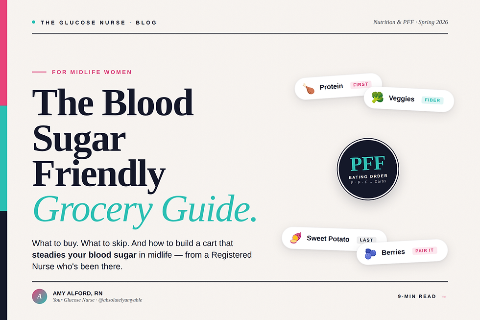 Blood sugar friendly grocery guide for midlife women PFF eating order protein first fiber fat carbs last what to buy what to skip insulin resistance Amy Alford RN The Glucose Nurse