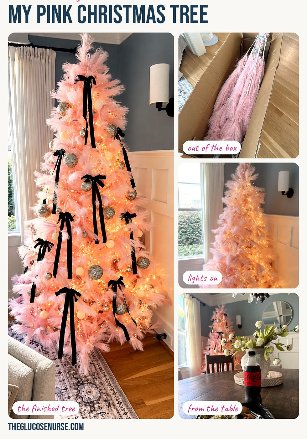 Collage of a blush pink feather Christmas tree: folded in its shipping box, lit with warm twinkle lights, decorated with green velvet bows and silver ornaments, and seen from a dining table.