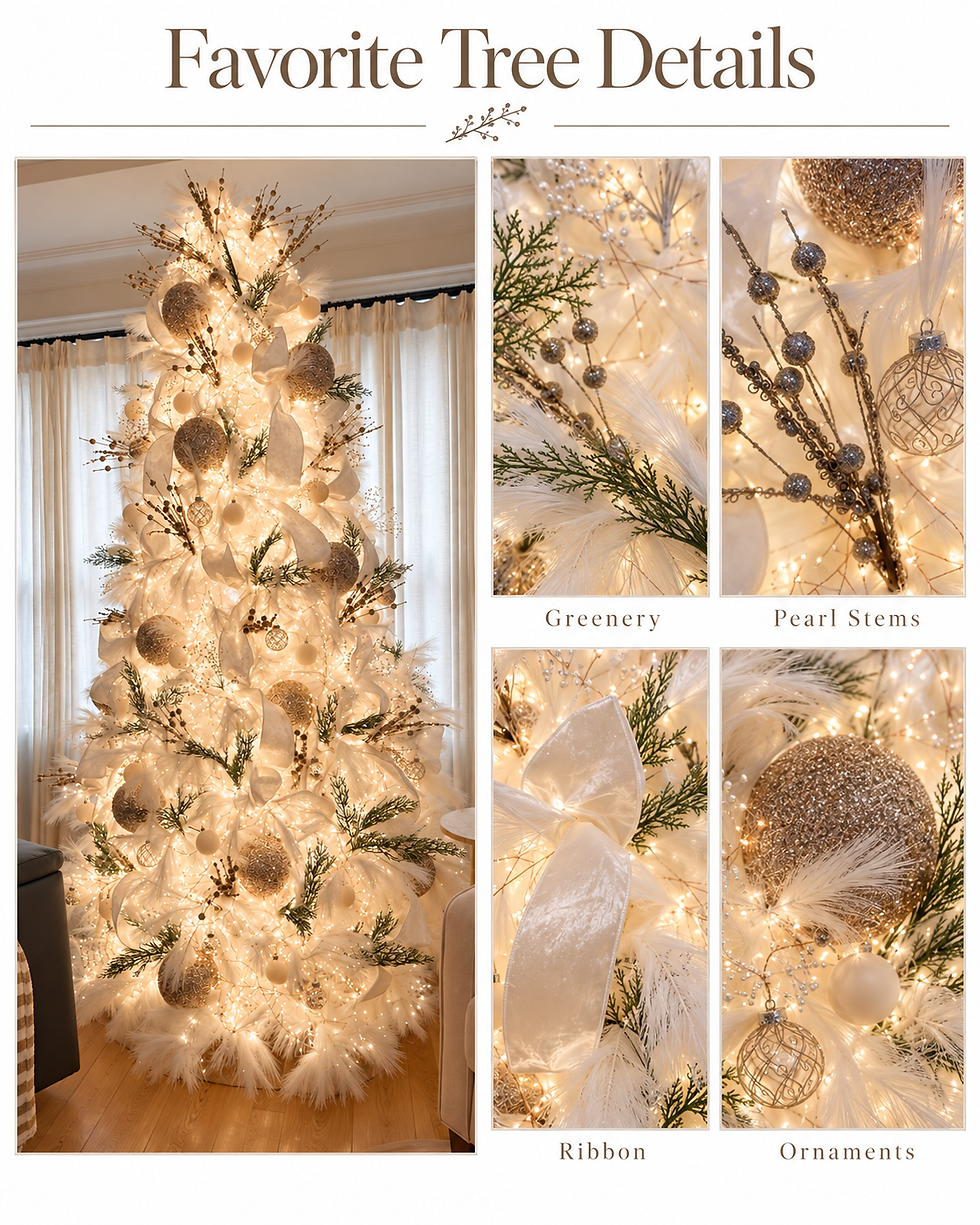 Ivory pampas Christmas tree decorated with greenery, pearl stems, ivory velvet ribbon and champagne Christmas ornaments.