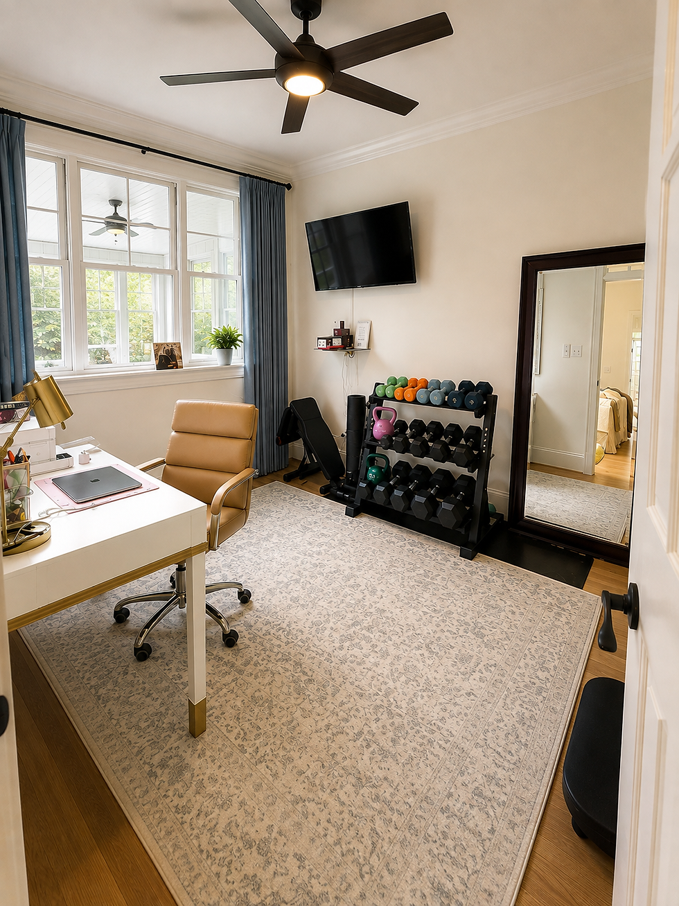 A combined home gym and office in a spare room with a weight rack, adjustable bench, desk, and mirror.