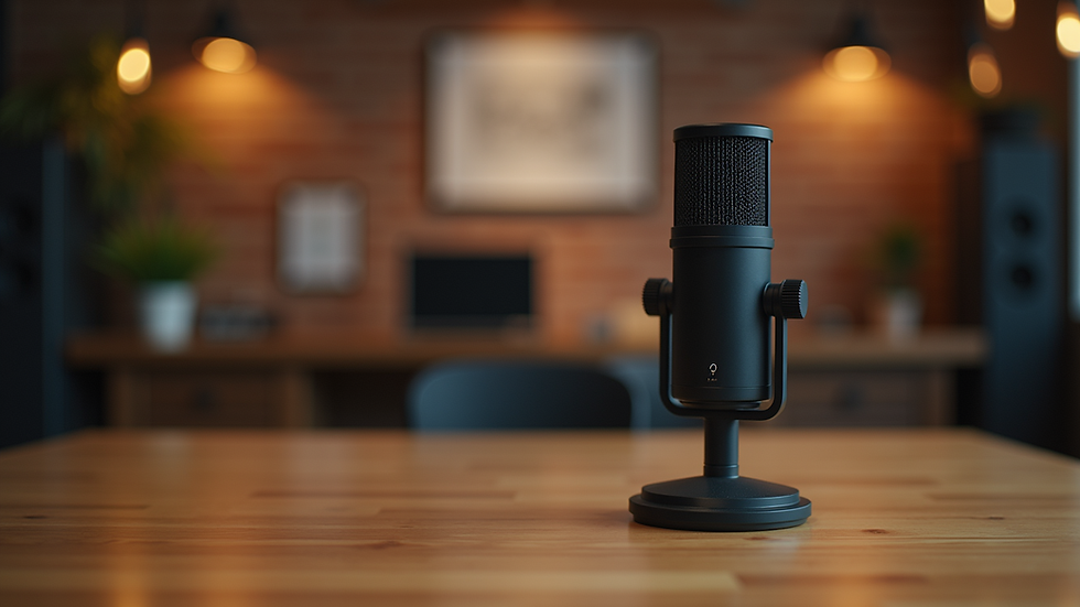 Eye-level view of a microphone on a wooden table