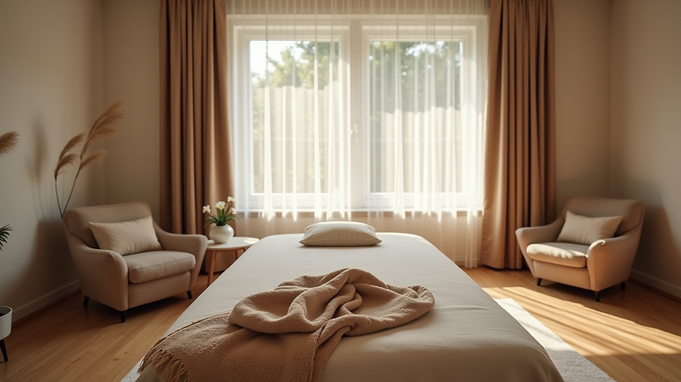 Eye-level view of a cozy living room with a massage table set up