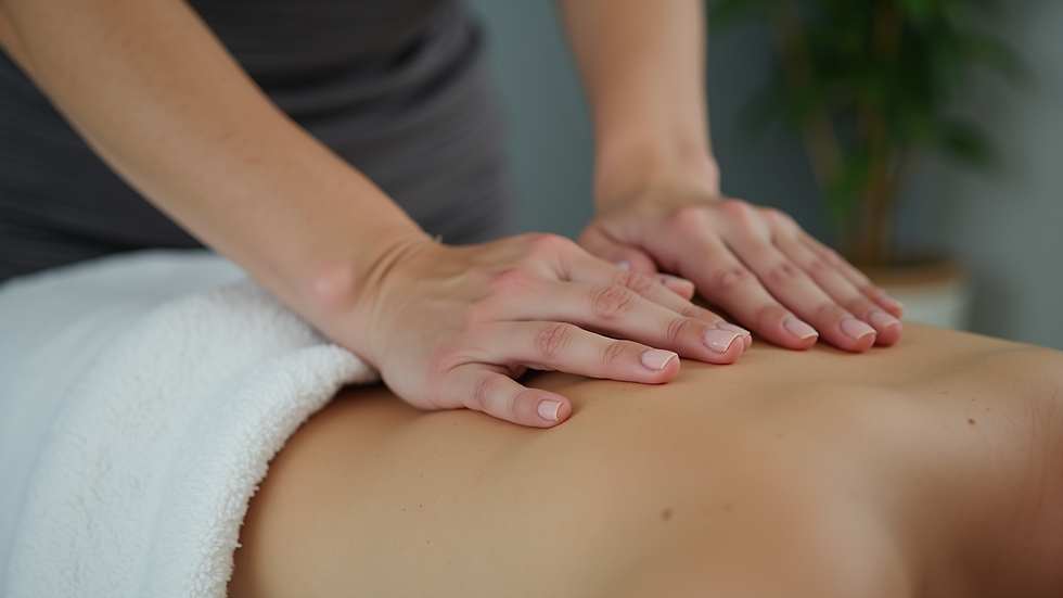 Close-up view of a massage therapist’s hands applying gentle pressure on a client’s back