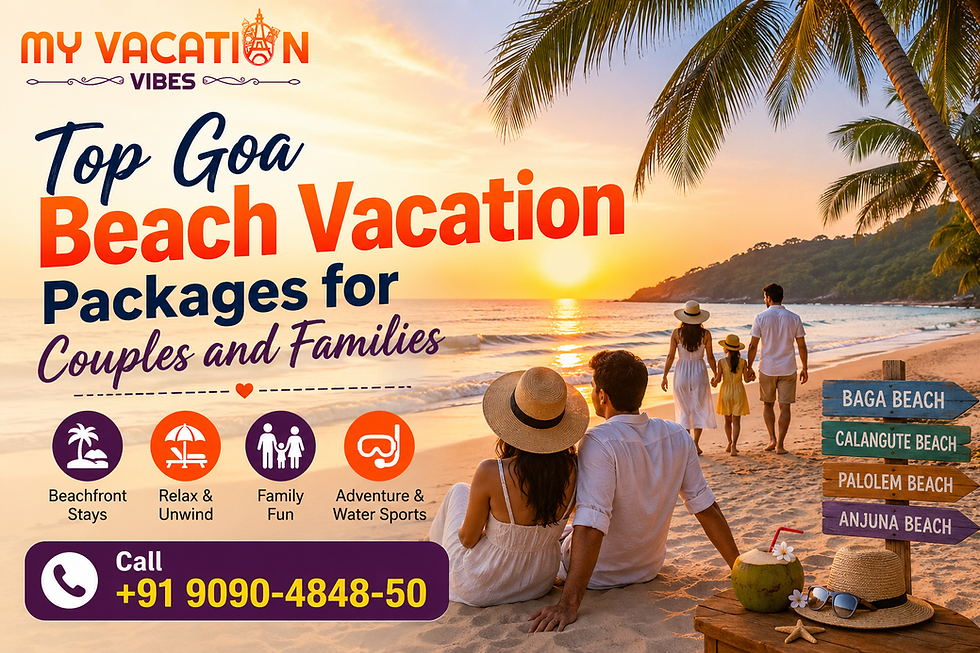 Family on beach at sunset, palm trees above. Text: "Top Goa Beach Vacation Packages for Couples and Families." Contact info and beach signs visible.