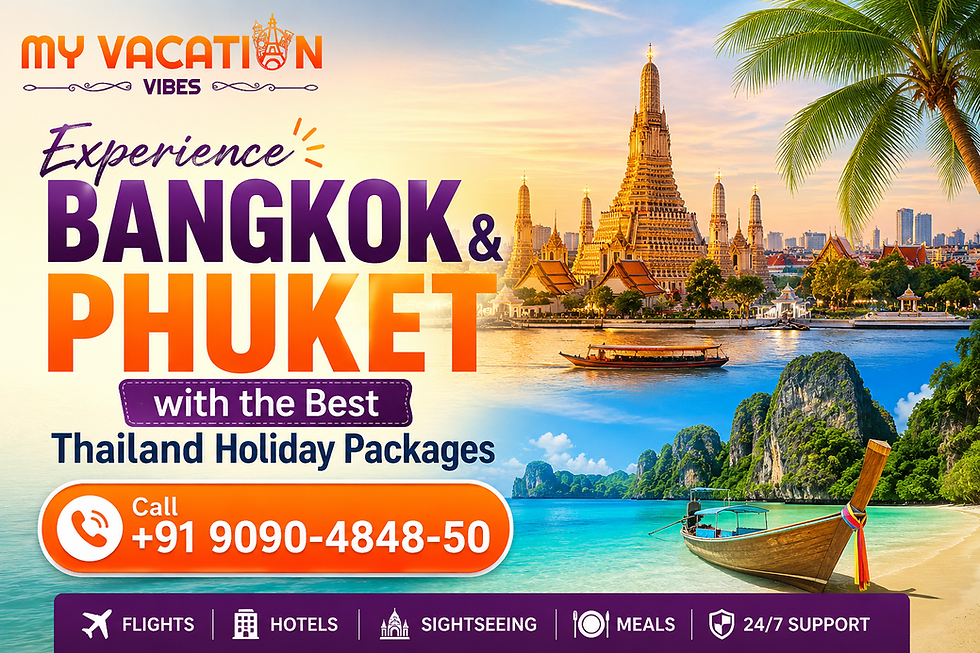Travel promotion for Bangkok and Phuket with vibrant images of a temple and beach. Includes contact number and text highlighting holiday packages.