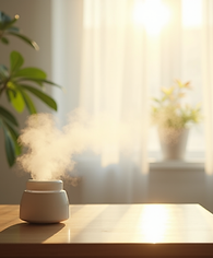 Serene morning scene with soft natural light, a diffuser emitting gentle mist, and a small