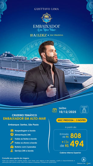 Cruzeiro temático com atração musical - Gustavo Lima