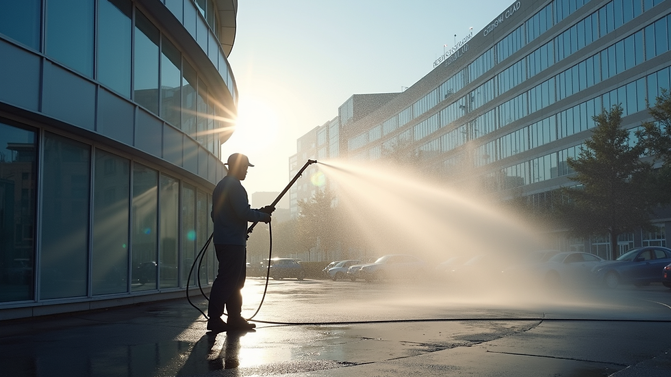 High angle view of a professional jet washing a commercial building exterior