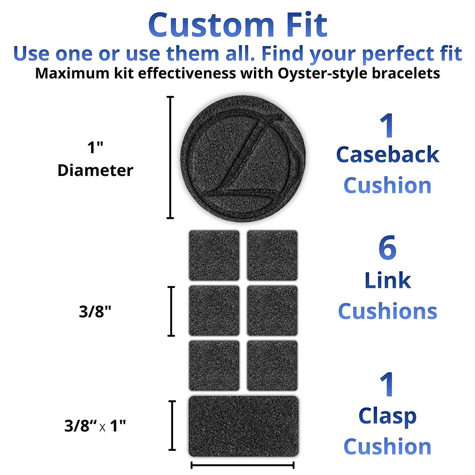 Thumbnail: Custom fit diagram of the neoprene cushion kit: one caseback cushion, six link cushions, and one clasp cushion