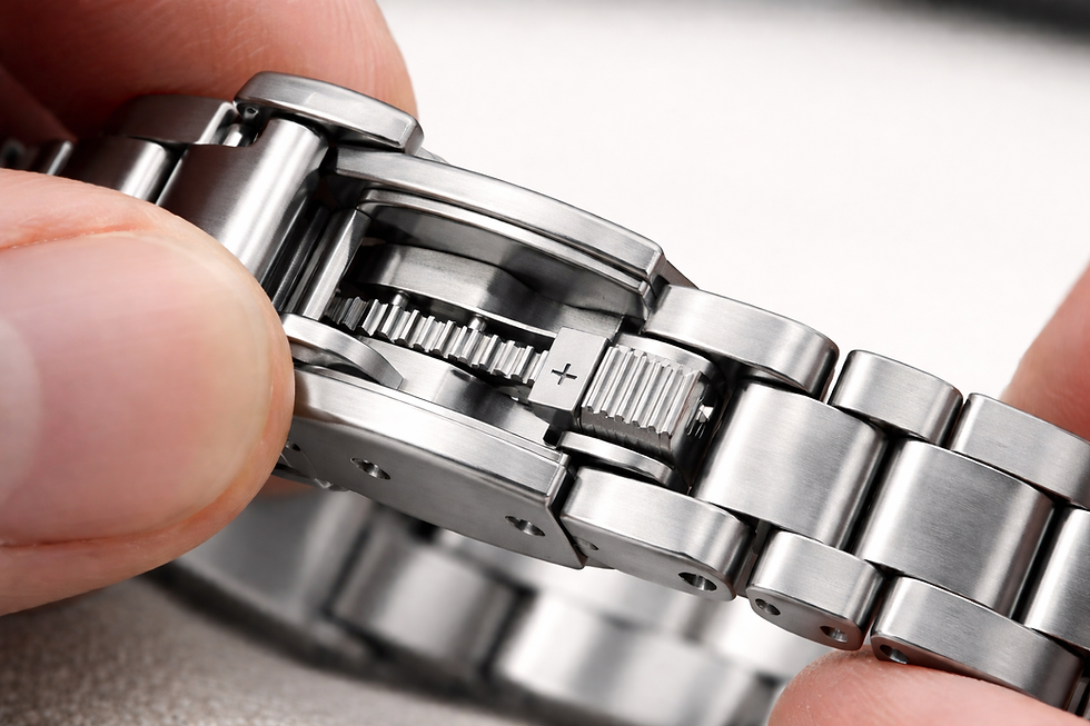 close-up of watch clasp micro-adjustment mechanism on stainless steel bracelet