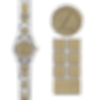 Watch on a two-tone stainless steel bracelet beside a beige suede watch adjustment cushion set with caseback, link, and clasp