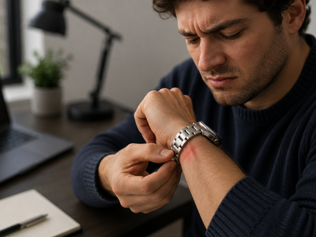 Man frustrated with how his watch fits as the crown digs into the back of his hand