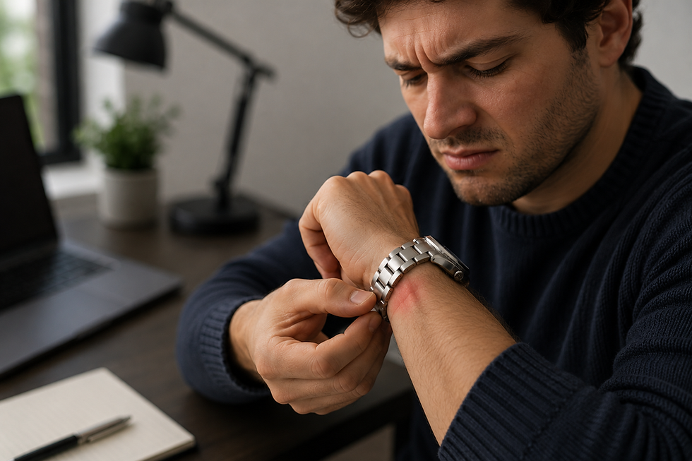Man frustrated with how his watch fits as the crown digs into the back of his hand