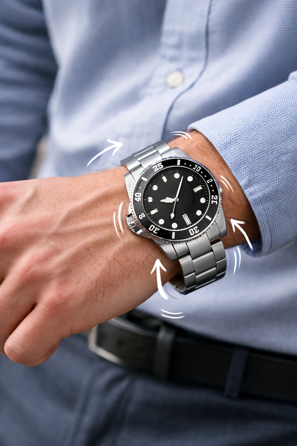 stainless steel watch sliding on wrist with loose oyster-style bracelet