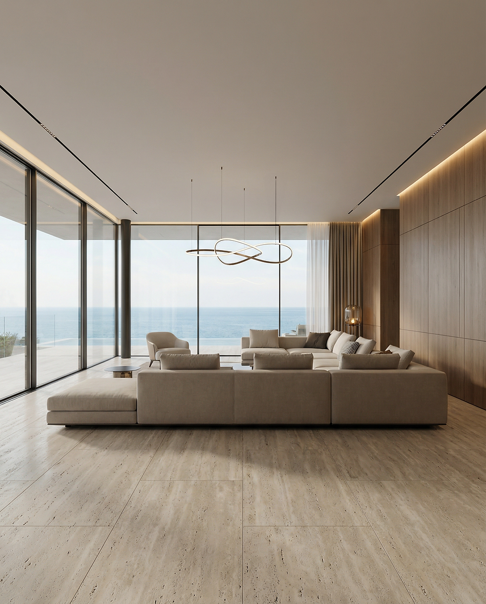 Firefly_GeminiFlash_Interior of a luxury modern villa living room overlooking the sea, flo