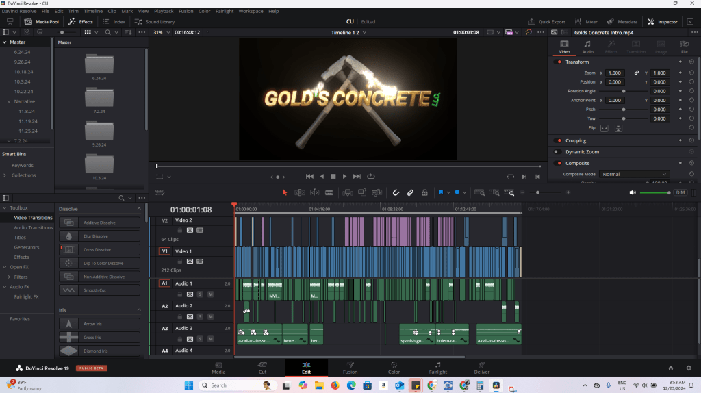 Working inside of Davinci Resolve’s video editing platform.