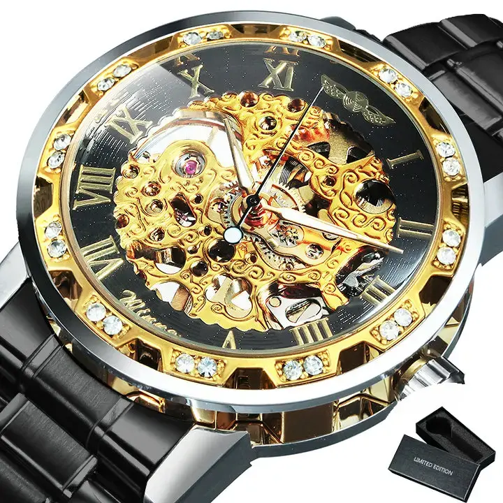 Thumbnail: WINNER Transparent Skeleton Mechanical Watch for Men Fashion Diamond Luminous