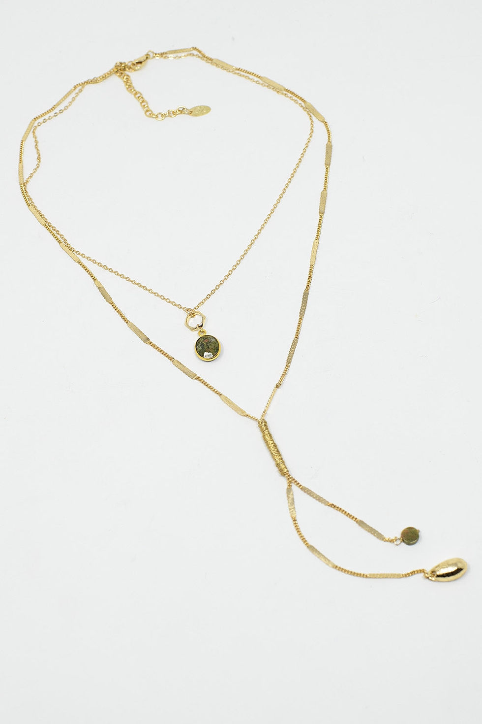 Thumbnail: Long 2 in 1 Golden Necklace With Green and Golden Stones