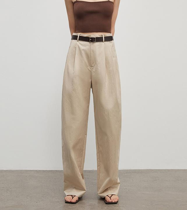 Thumbnail: Spliced Double-Pleat Wide-Leg Trousers Straight-Leg Trousers for Women