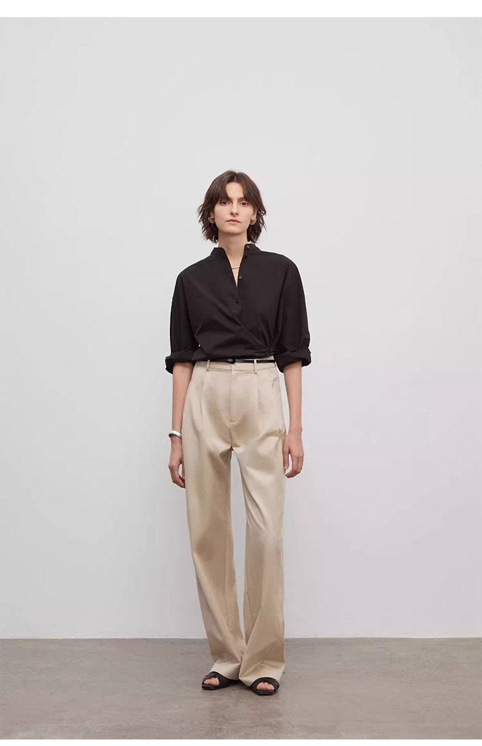 Thumbnail: Spliced Double-Pleat Wide-Leg Trousers Straight-Leg Trousers for Women