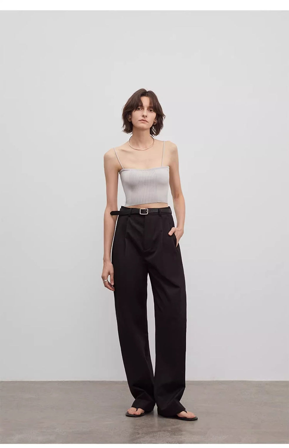 Thumbnail: Spliced Double-Pleat Wide-Leg Trousers Straight-Leg Trousers for Women
