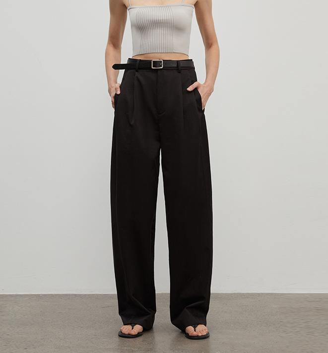 Thumbnail: Spliced Double-Pleat Wide-Leg Trousers Straight-Leg Trousers for Women