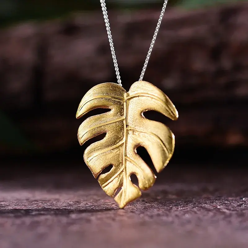 Lotus Fun Real 925 Sterling Silver Handmade 18K Gold Monstera Leaves Design