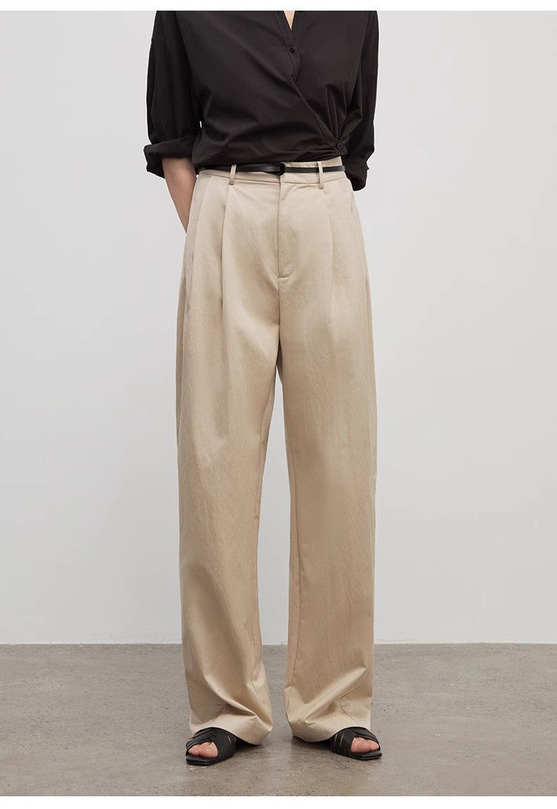 Thumbnail: Spliced Double-Pleat Wide-Leg Trousers Straight-Leg Trousers for Women