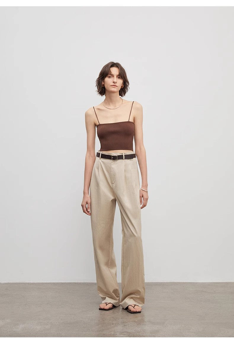 Thumbnail: Spliced Double-Pleat Wide-Leg Trousers Straight-Leg Trousers for Women