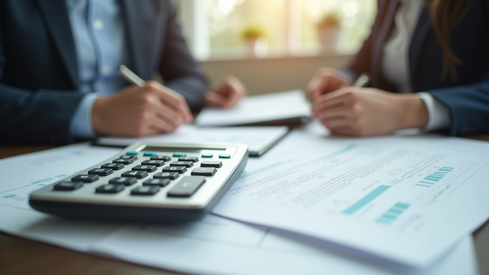 Close-up view of a property management office with documents and calculator