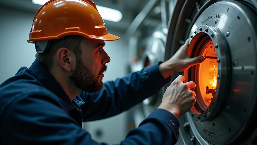 Close-up view of a maintenance worker inspecting a boiler