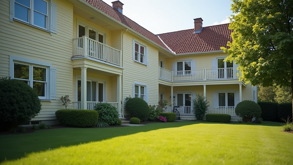Eye-level view of a well-maintained residential building exterior